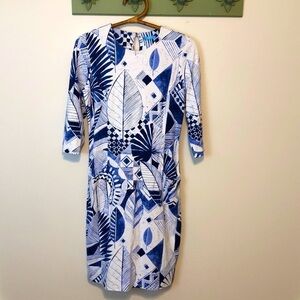 J. McLaughlin Blue Leaf Print Catalyst Dress with Pockets Size Small